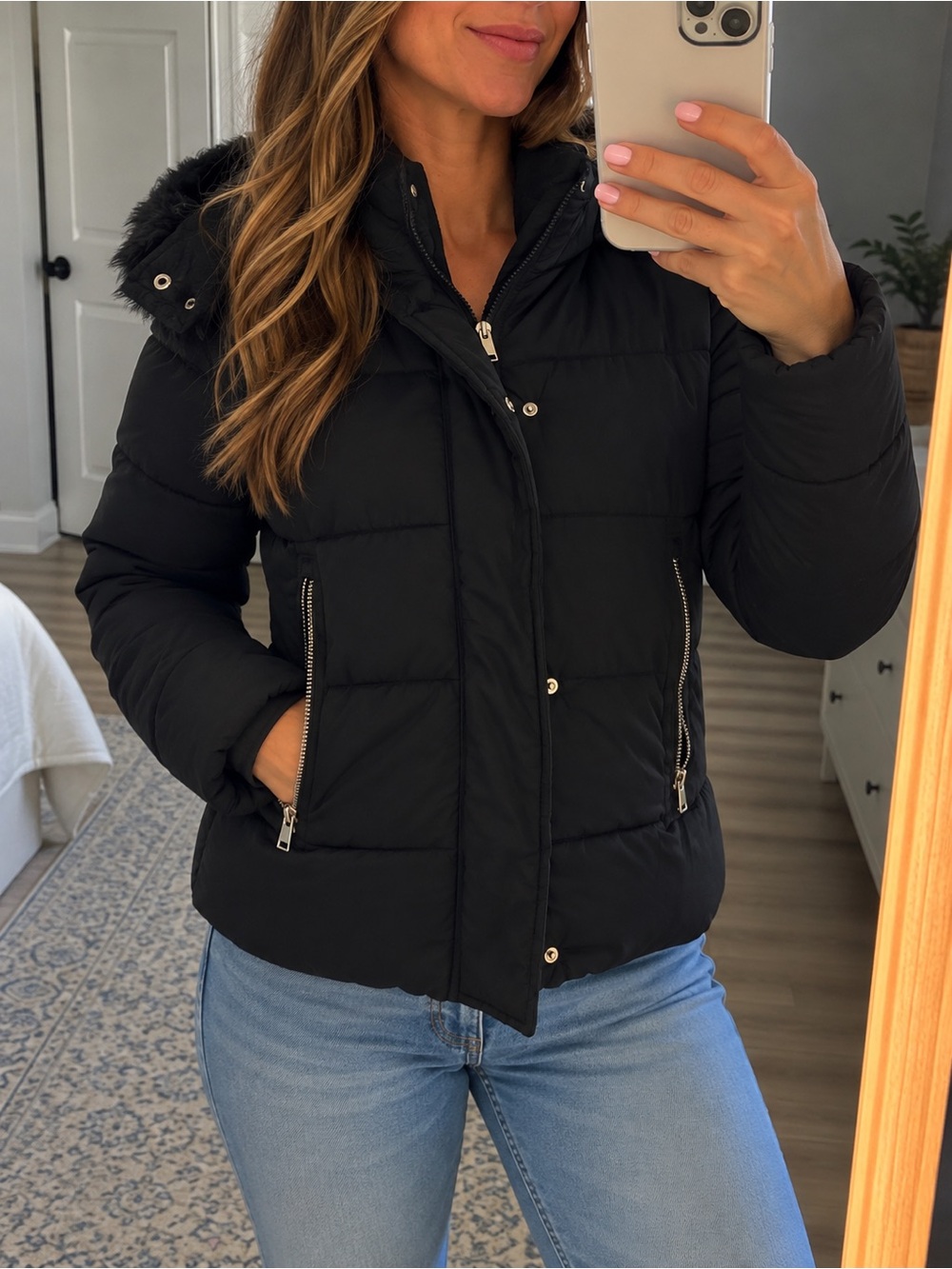 Maralyn & Me Size L Black Puffer Jacket Faux Fur Hood Winter Coat